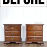 Two wooden nightstands with three drawers each, shown against a white wall with BEFORE text above.