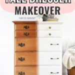 A tall dresser split in half showing a before (brown wood) and after (painted white) DIY makeover.