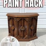 Wooden cabinet labeled before, with text: No Sanding Furniture Paint Hack and a blurred after image.