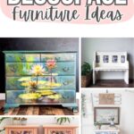 Collage of painted and decoupaged furniture pieces, including dressers and benches with floral designs.