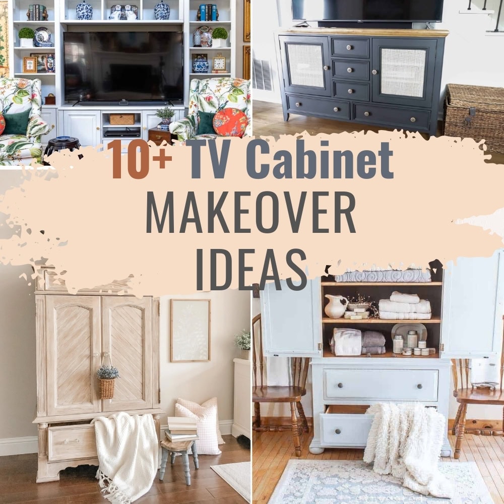 Collage of stylish TV cabinets with text: 10+ TV Cabinet Makeover Ideas in large bold letters.