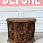 A vintage wooden accent cabinet sits outside, with BEFORE written in large text above it.