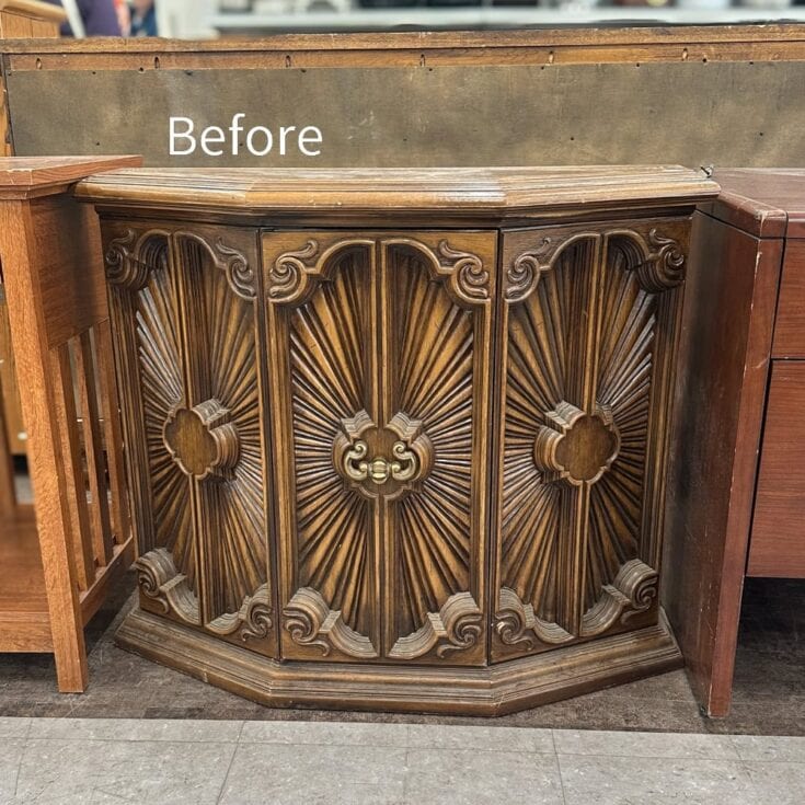 Ornate vintage wooden cabinet with sunburst patterns and handles, labeled Before in white text.
