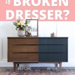 A dresser is shown half restored, with before on one side and after on the refinished side above a rug.
