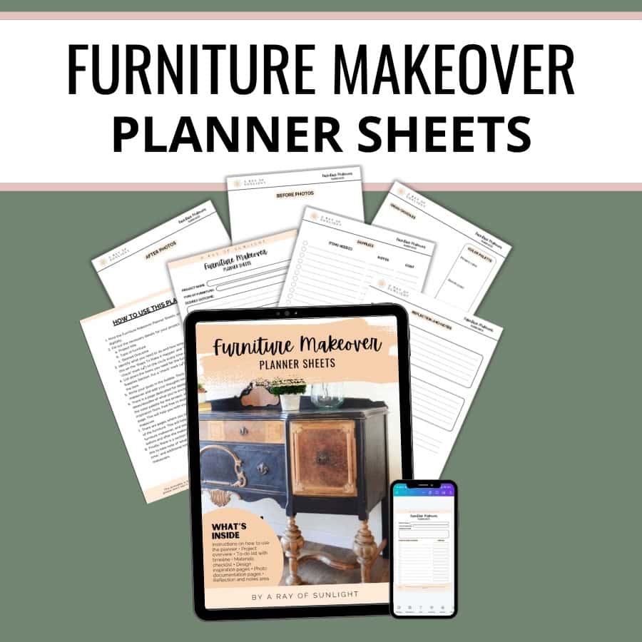 Furniture makeover planner sheets displayed with a tablet and phone showing digital versions on a green background.