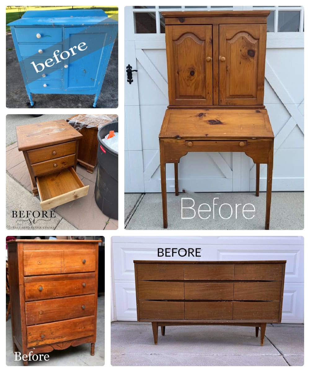collage photo of wooden dressers, desk and nightstand before makeover