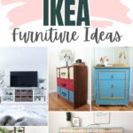 Collage of painted IKEA furniture, including TV stand, dressers, desk, and storage units in bright colors.
