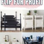 Collage of flipped furniture: black bed frame, white nightstands, white nightstands, and a black dining set.
