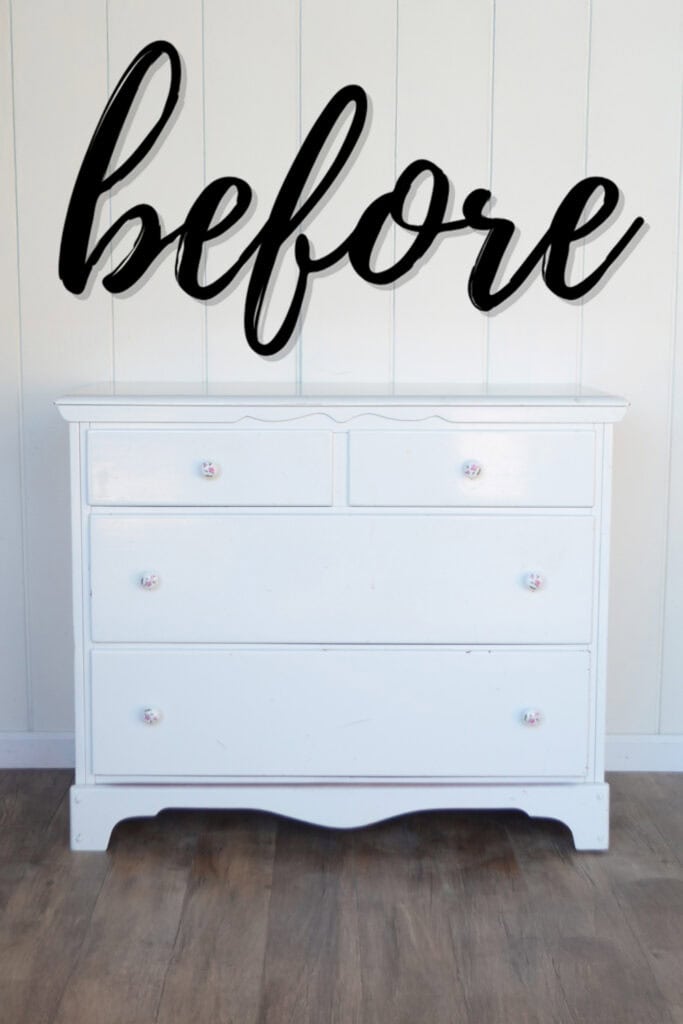 Dresser with four drawers with the word before written above in black script.
