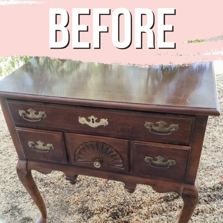 A dark wooden side table with drawers, with BEFORE text on top