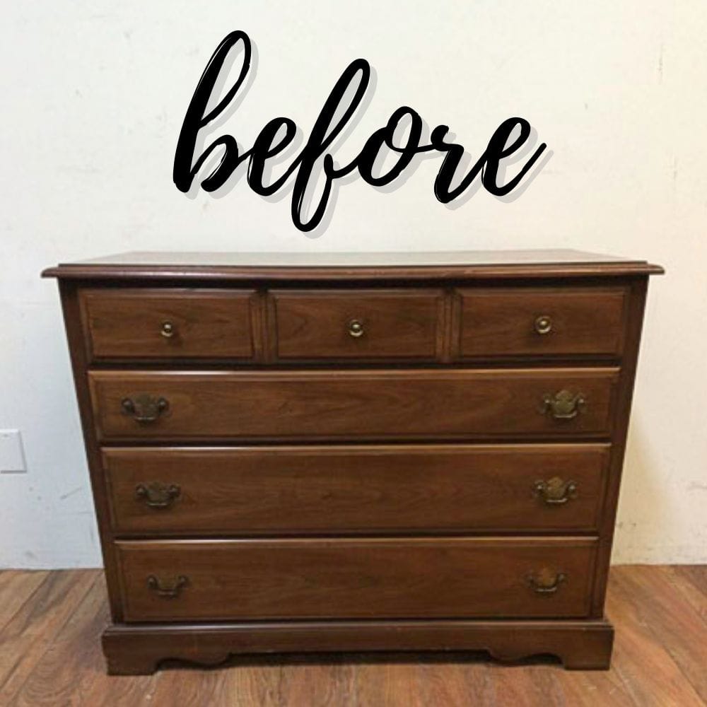 A wooden dresser with five drawers and before written above it in cursive black text.