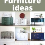Collage of painted furniture, including dressers and sideboards, in green, white, blue, and gray tones.