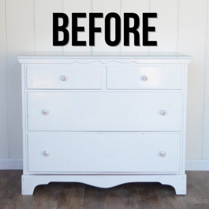 Dresser with flower knobs, labeled BEFORE in large black letters above it.