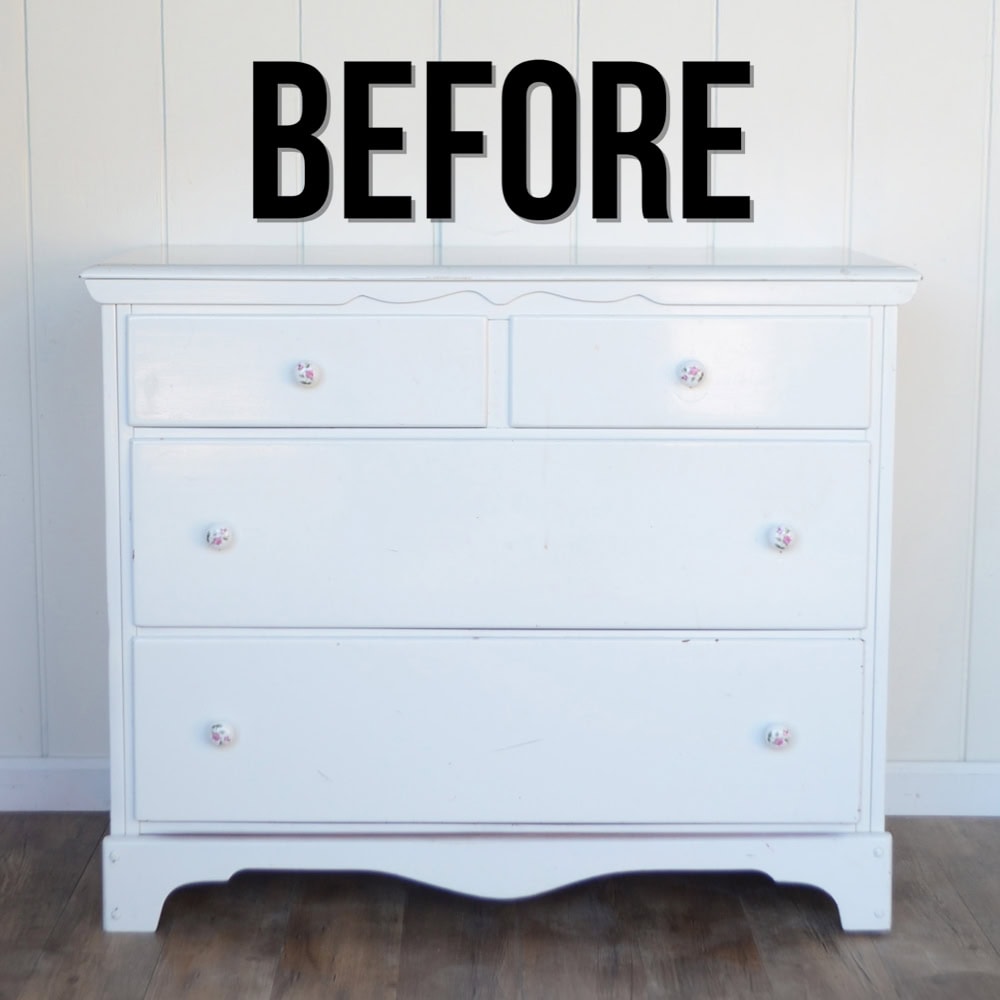 Dresser with flower knobs, labeled BEFORE in large black letters above it.