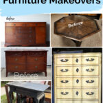 Collage of five old wooden furniture pieces labeled before for a furniture makeover project.
