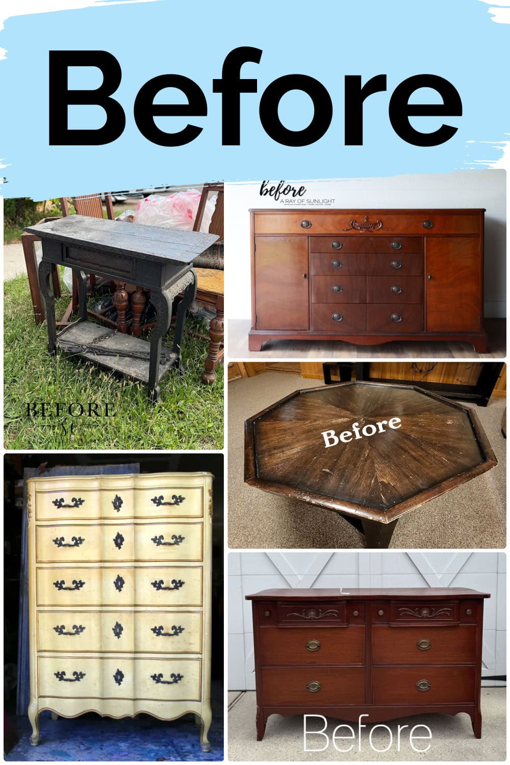 Collage of five old wooden furniture pieces labeled “Before” on a blue and white background.