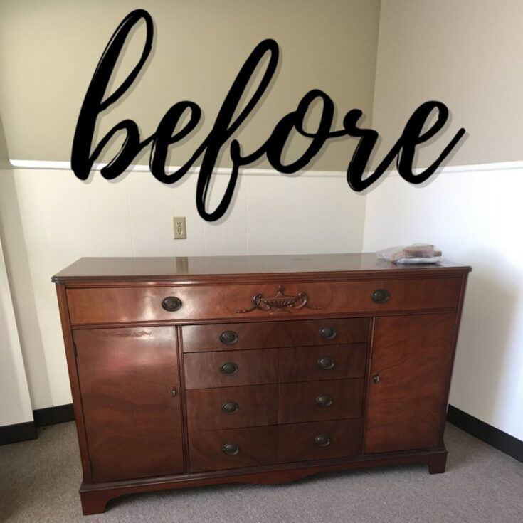 A wooden sideboard against a wall with the word before written in large script above it.