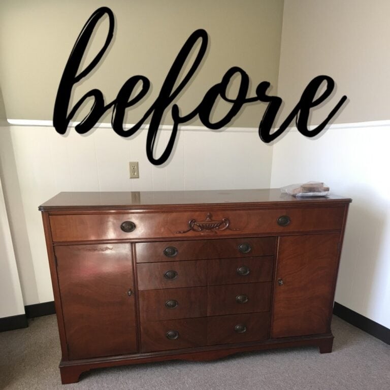 A wooden sideboard against a wall with the word before written in large script above it.