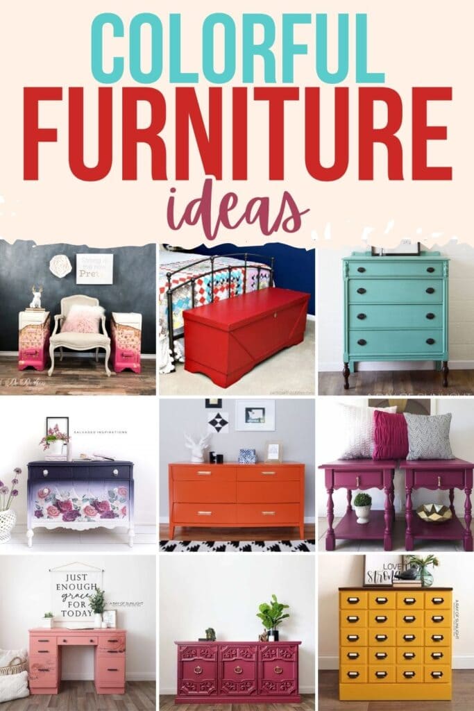 Collage of furniture pieces in bright colors.