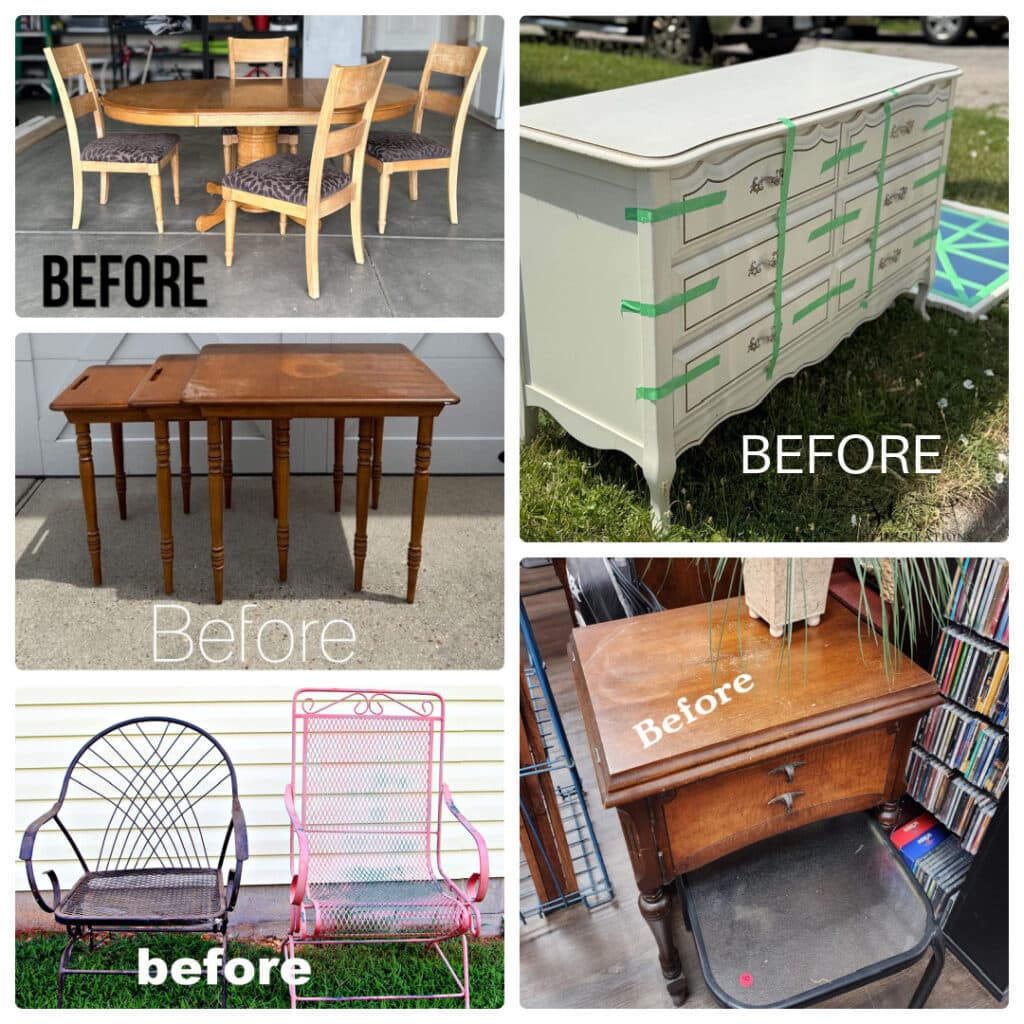 collage of thrifted furniture pieces before makeover