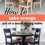 Before and after of a dining table set transformed from light orange wood to a dark finish.