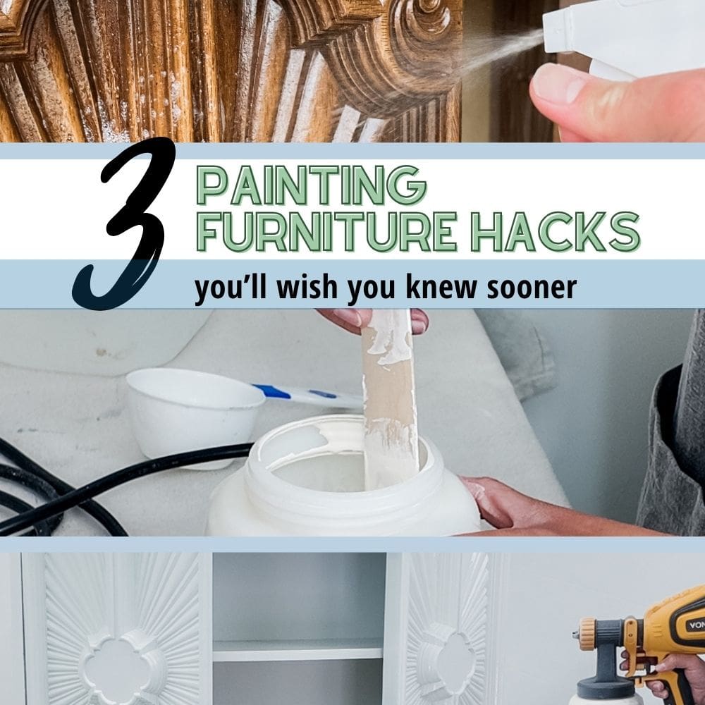 Collage of spraying cleaner, stirring paint, and using a paint sprayer