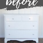 White dresser with four drawers and floral knobs, on a wood floor, with before written above it.