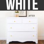 A white dresser with gold knobs against a light wall, labeled Repainting Furniture WHITE AFTER.