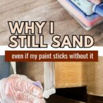 A person sands wood with a sander and by hand with sandpaper