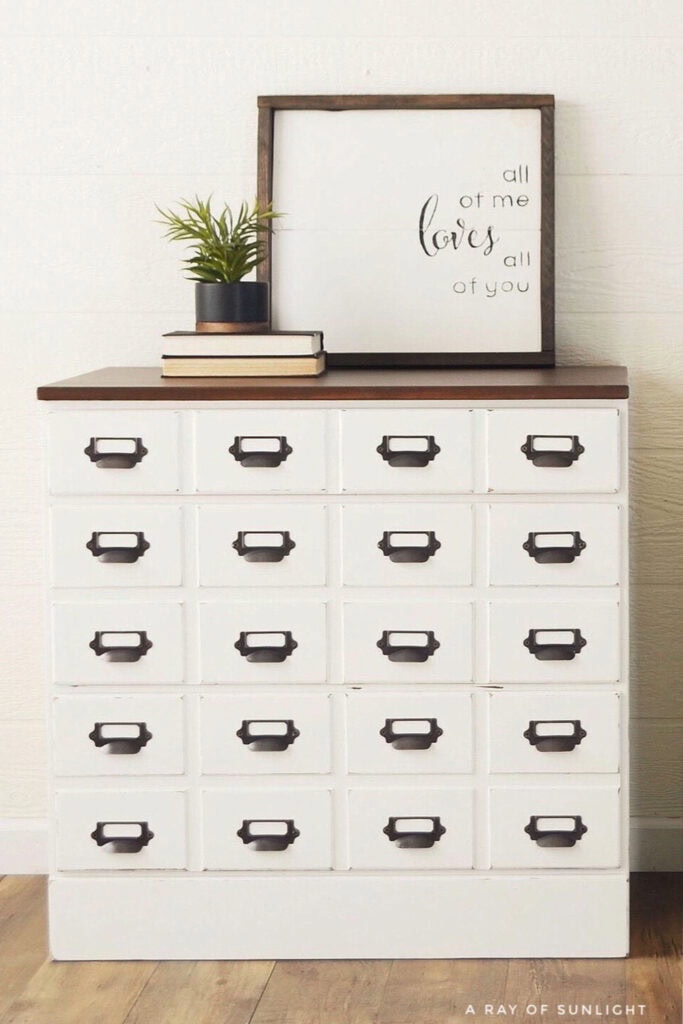 White vintage nightstand with 16 drawers