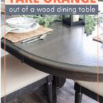 A dark wood dining table with text overlay: How to take orange out of a wood dining table.