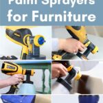 Collage of various HVLP paint sprayers being used on furniture, with a text overlay about paint sprayers.