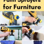 Collage showing various HVLP paint sprayers being used on furniture, with text about best paint sprayers for furniture.