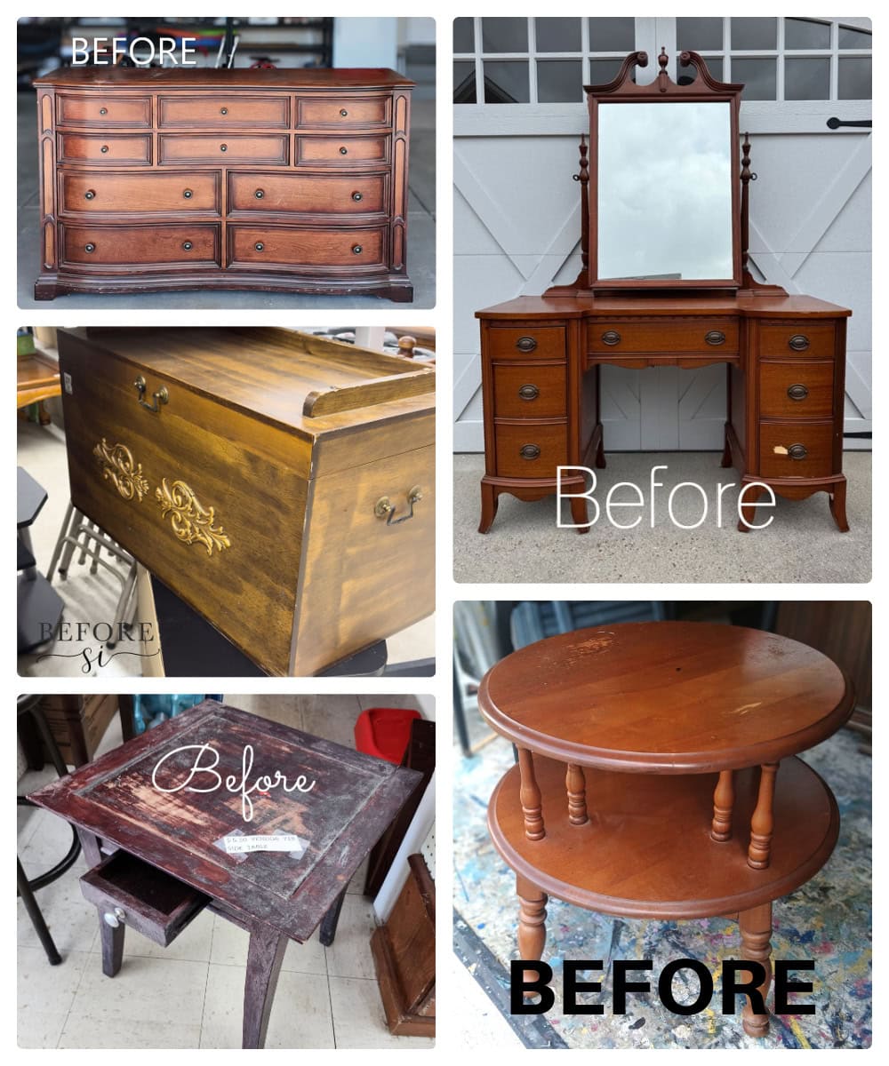 Collage of before photos of dressers and tables