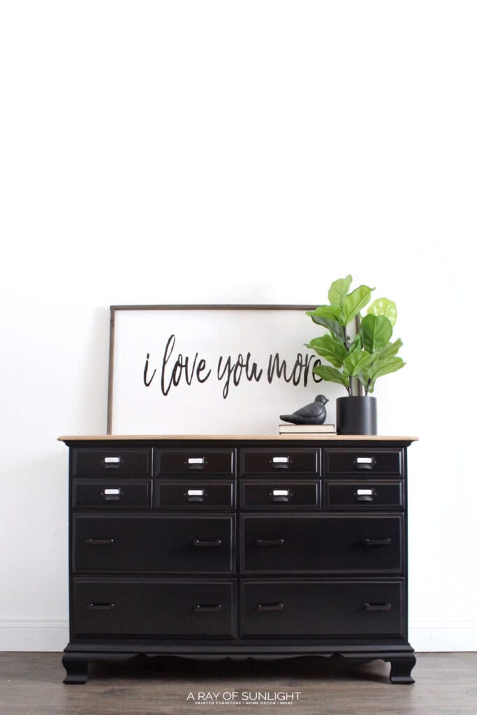 Black dresser with card catalog drawers