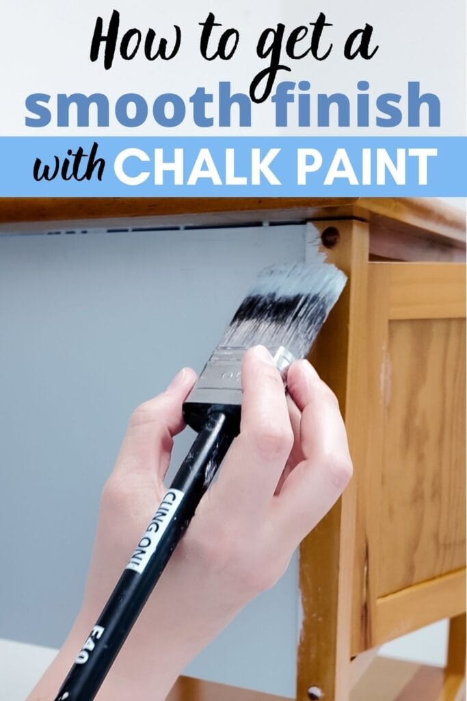 Hand painting a wooden table with light blue chalk paint, text reads How to get a smooth finish with chalk paint.