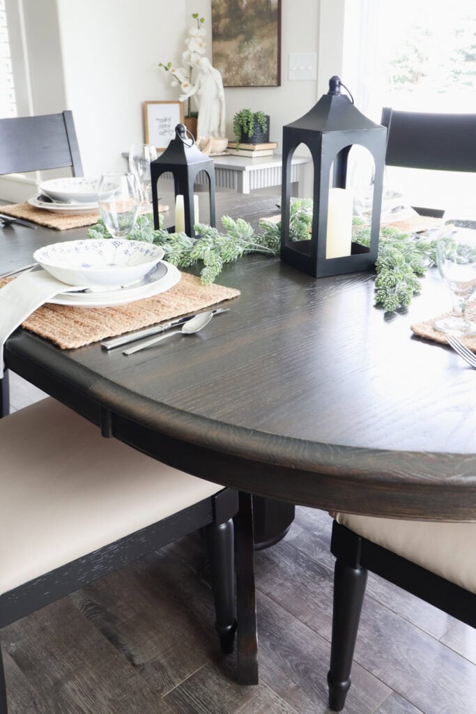 Closeup of dark stained dining table