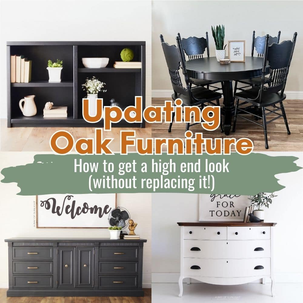 Collage of painted oak furniture with text: Updating Oak Furniture