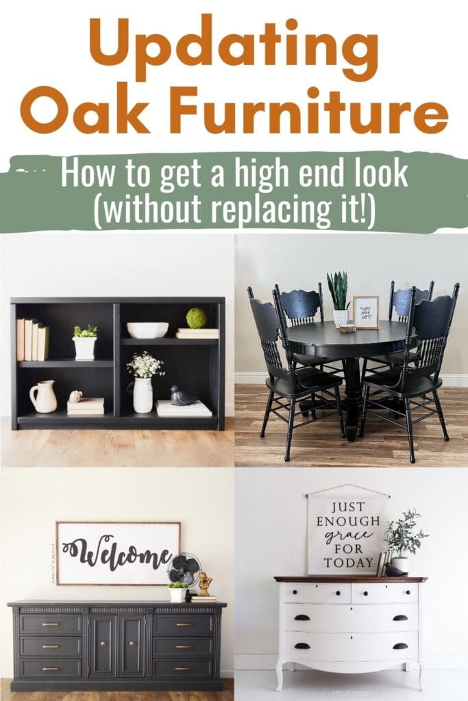 Collage of painted shelves, dining set, and dressers