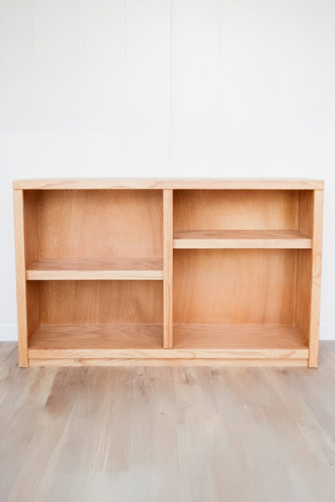 A simple, empty wooden bookshelf