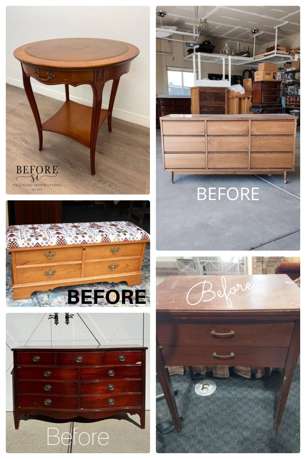 Collage of before photos of dressers, tables, and a cedar chest before the makeover