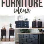 Collage of black painted furniture pieces including dressers and nightstands styled with decor.