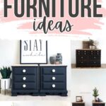 Collage of black painted furniture pieces, including dressers and nightstands, under a bold title: “Black Painted Furniture Ideas.”.