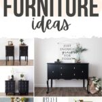 Collage of black painted furniture pieces, including dressers and nightstands, styled in home settings.