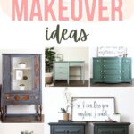 Collage of various refurbished furniture pieces, including desks, cabinets, and nightstands in green and blue tones.