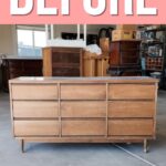 A plain, unfinished wooden dresser in a garage, with a bold BEFORE label at the top.