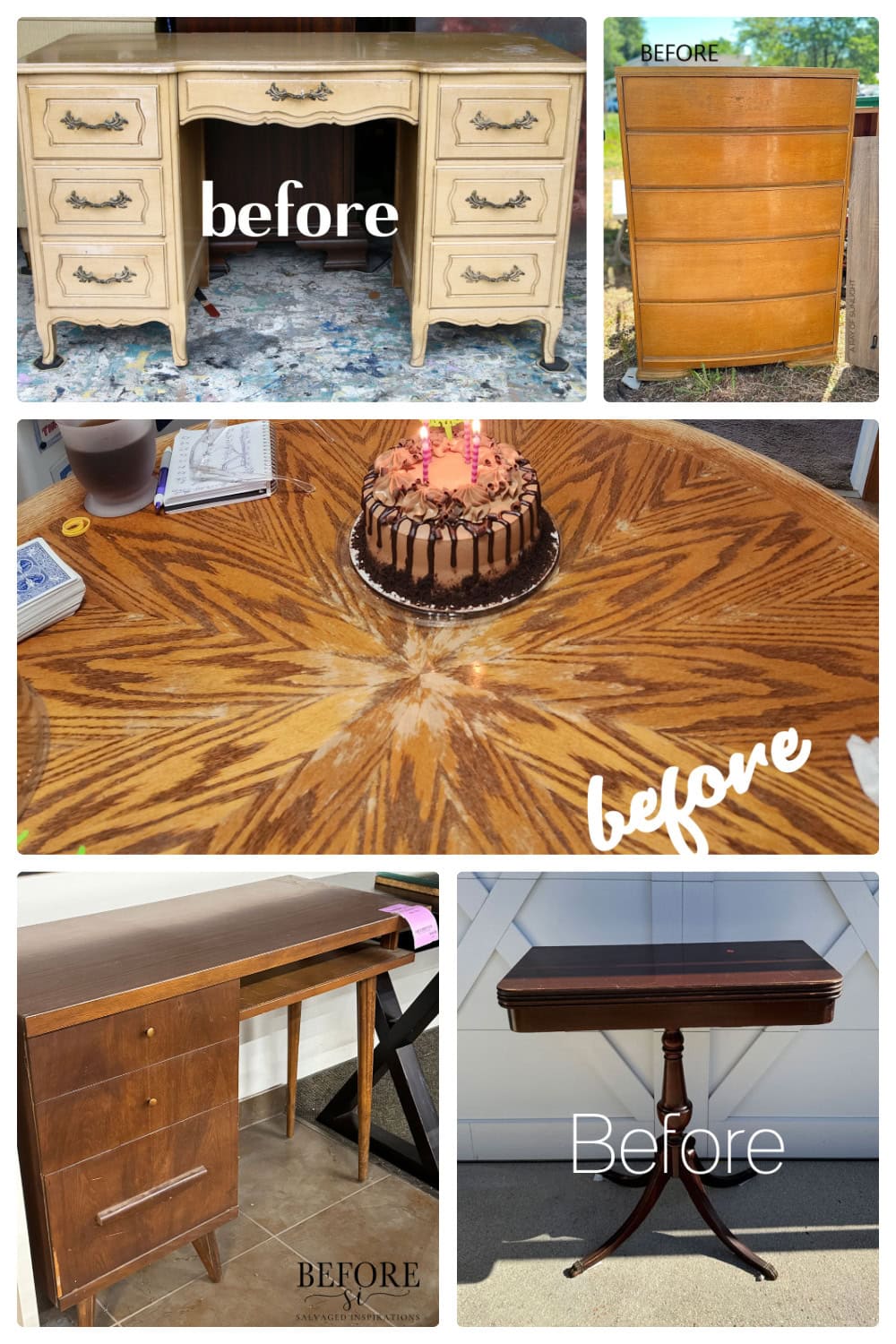 Collage of before makeover photos of wood dresser and tables