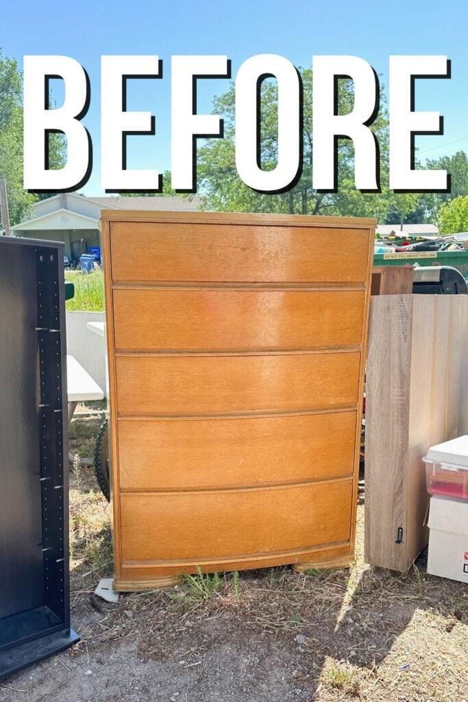 A wooden dresser outside, labeled BEFORE in large white letters at the top.