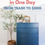 A blue painted dresser with decor on top, next to a plant