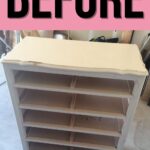Dresser with no drawers with large text above reading BEFORE on a pink background.